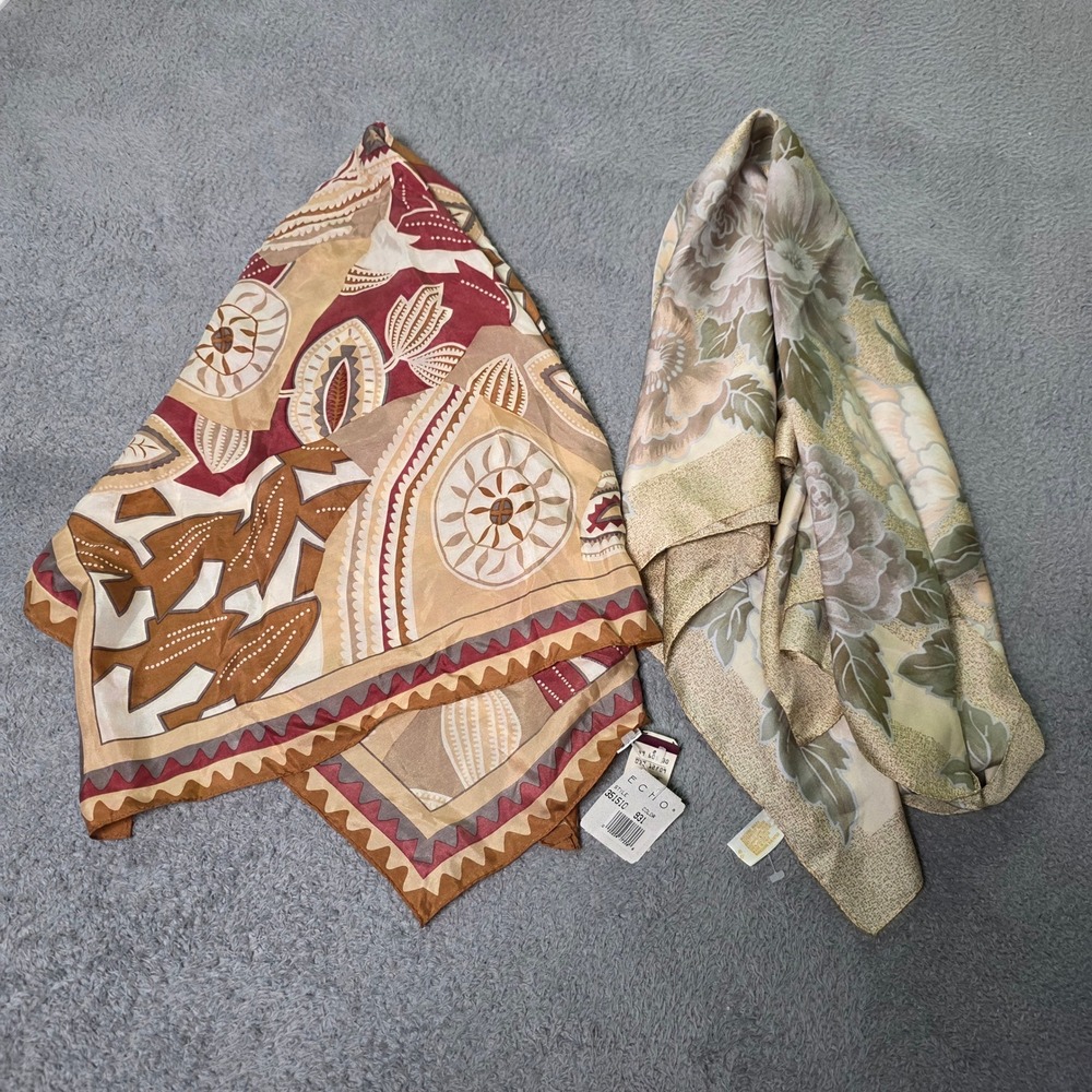 Echo Womens OS Silk Scarf Lot 2 Burgundy Geometric Floral Tan Sage 351510